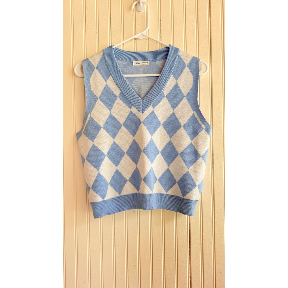 Blue White Argyle Sweater Vest V-Neck Sleeveless Knit Top EU 164 US 13-14Y